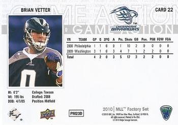 2010 Upper Deck Major League Lacrosse #22 Brian Vetter Back